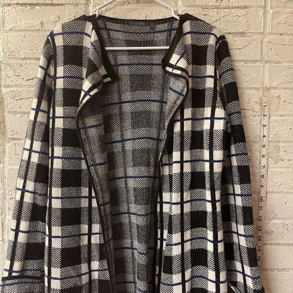 Hannah Full Length Black White Blue Plaid Cardigan Medium - Picture 1 of 10
